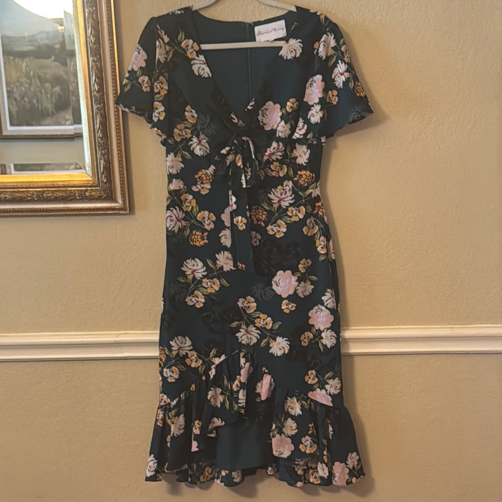 Charles Henry deep green and pink flowery Ruffled Midi Dress